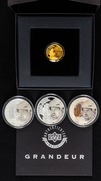2016-17 Upper Deck Grandeur Daniel Sedin 4-Coin Set Including 24K Gold Coin (#/100), Frosted Silver Coin (#/500), High Relief Silver Coin (#/1,000) and Silver Coin (#/5,000)