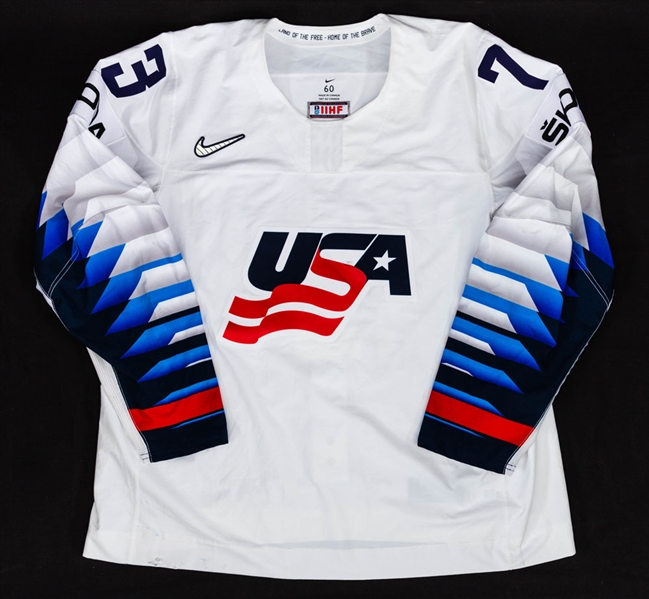 Charlie McAvoys 2018 IIHF World Championships Team USA Game-Worn Jersey with Hockey USA LOA