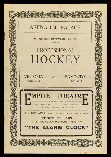Scarce December 23, 1925 WHL Edmonton Eskimos vs Victoria Cougars Program from the Collection of Eddie Shore with LOA Plus March 1, 1954 Exhibition Program with Note from Art Ross Addressed to Shore 