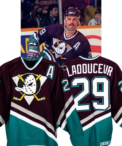 Randy Ladouceur’s 1993-94 Anaheim Mighty Ducks Inaugural Season Game-Worn Alternate Captain’s Jersey with Team LOA – FGW Patch!