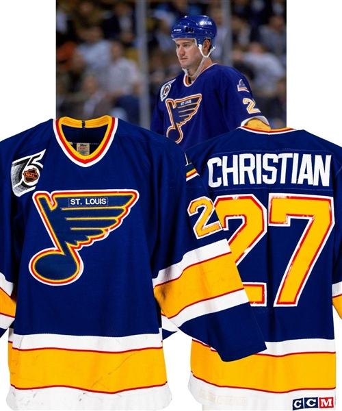 Dave Christian’s 1991-92 St. Louis Blues Game-Worn Jersey with Team LOA - 75th Patch! - 25th Anniversary Patch! – Team Repairs! – Photo-Matched!