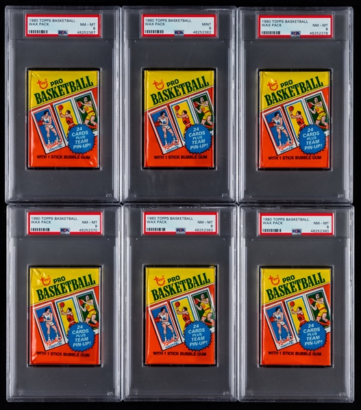 1980-81 Topps Basketball PSA-Graded Unopened Wax Packs (26) Plus Ungraded Wax Packs (10) - Larry Bird and Magic Johnson Rookie Card Year!