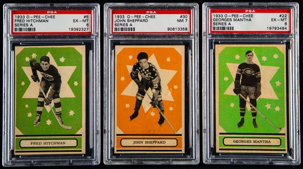 1933-34 O-Pee-Chee V304 Series "A" Hockey Cards #5 Fred (Lionel) Hitchman (PSA 6), #22 Georges Mantha Rookie (PSA 6) and #30 John Sheppard Rookie (PSA 7) 