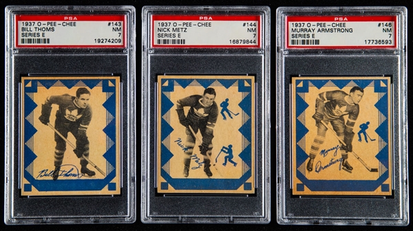 1937-38 O-Pee-Chee Series "E" (V304E) Hockey Cards #143 Bill Thoms (PSA 7), #144 Nick Metz (PSA 7) and #146 Murray Armstrong (PSA 7)