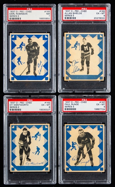 1937-38 O-Pee-Chee Series "E" (V304E) Hockey Cards #165 Earl Robinson (PSA 7), #162 Allan Shields (PSA 6), #163 Cy Wentworth (PSA 6) and #167 Paul Runge (PSA 6) 