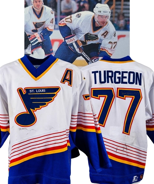 Pierre Turgeons 1996-97 St. Louis Blues Signed Game-Worn Alternate Captains Jersey