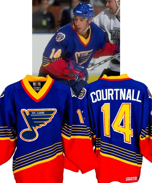 Geoff Courtnalls 1997-98 St. Louis Blues Game-Worn Jersey with LOA - Team Repairs!