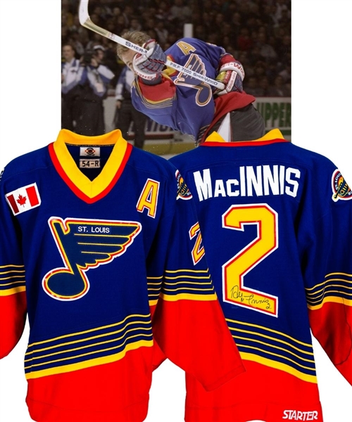Al MacInnis 1997-98 St. Louis Blues Signed Game-Worn Alternate Captains Jersey with Team COA Worn in 1998 NHL All-Star Game SuperSkills Competition - Won Hardest Shot (100.4 MPH)