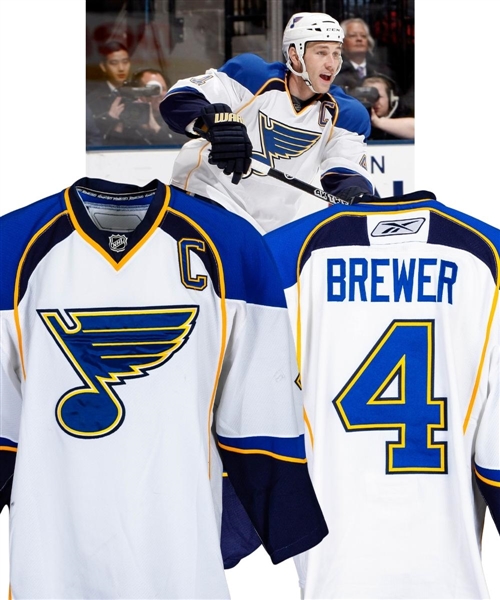Eric Brewers 2010-11 St. Louis Blues Game-Worn Captains Jersey with Team COA – Team Repairs! - Photo-Matched!