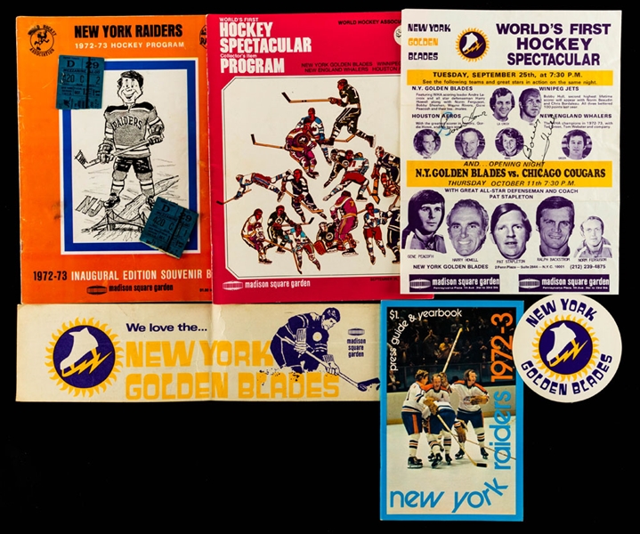WHA Collection of 15 with New York Raiders October 12, 1972 Inaugural Game Program and Ticket Stubs (2) Plus Sept 23, 1973 Program – First Gordie Howe WHA Appearance! - Allen Abel Collection