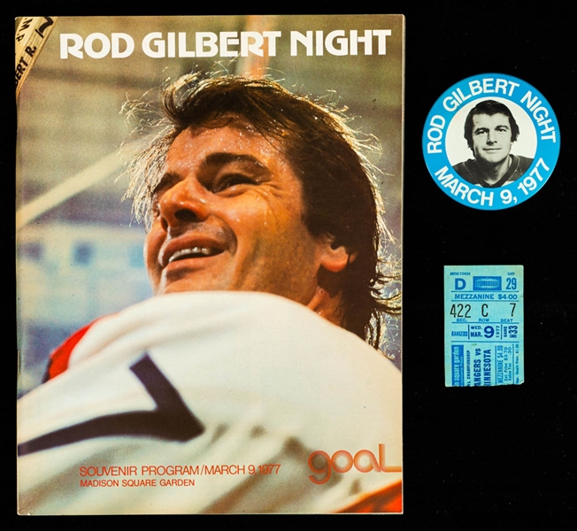 Rod Gilbert Night March 9, 1977 MSG Program, Ticket Stub and Button – Allen Abel Collection 