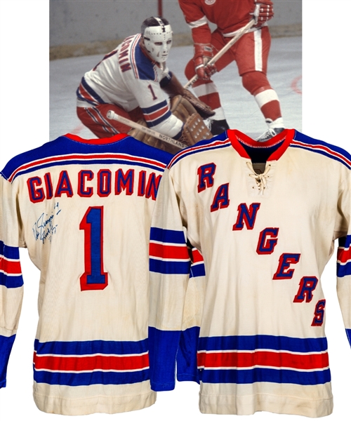 Eddie Giacomins Late-1960s/Early-1970s New York Rangers Signed Game-Worn Jersey with LOA - Team Repairs!