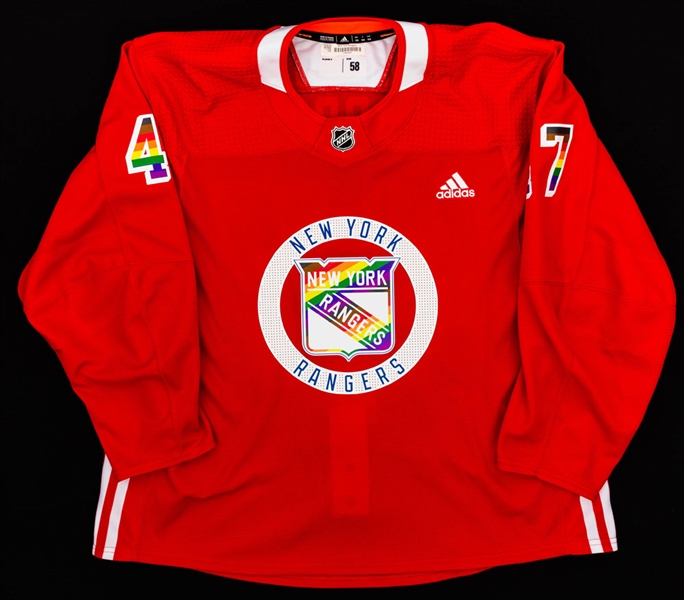 Morgan Barrons 2020-21 New York Rangers Signed "Pride Night" Warm-Up Worn Rookie Season Jersey 