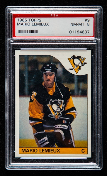 1985-86 Topps Hockey Card #9 HOFer Mario Lemieux Rookie - Graded PSA 8