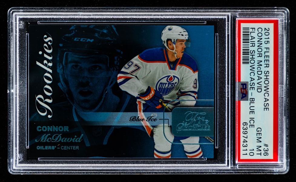 2015-16 Fleer Showcase Blue Ice Hockey Card #36 Connor McDavid Rookie (135/199) - Graded PSA GEM MT 10