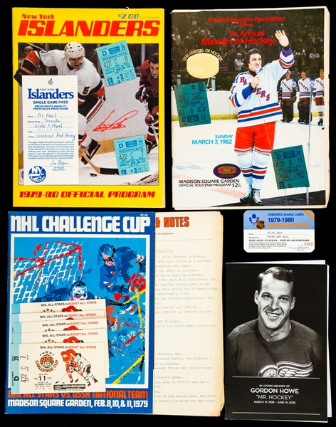 Vintage Program, Signed Program, Pin, Ticket Stub and Pass Collection including 1973 NHL All-Star Game, 1979 Challenge Cup, 1982 Masters of Hockey and 1980 Stan Mikita Night - Allen Abel Collection 