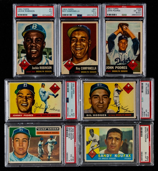 1952 to 1960 Mostly Topps Brooklyn/LA Dodgers Baseball Cards (106) Including 1953 Topps #1 HOFer Jackie Robinson (PSA 3) and 1960 Topps #343 HOFer Sandy Koufax (PSA 6) - Includes 93 PSA-Graded Cards