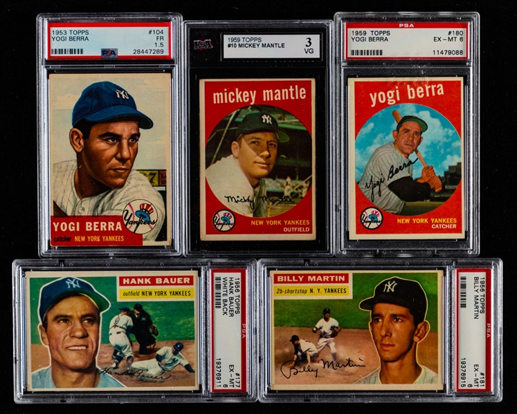 1953 to 1959 Topps New York Yankees Baseball Card Collection (45) Including 1959 Topps #10 HOFer Mickey Mantle (KSA 3) and 1959 Topps #180 HOFer Yogi Berra (PSA 6) - Includes 27 PSA-Graded Cards