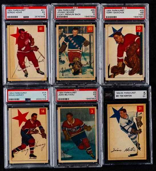 1954-55 Parkhurst Hockey Complete 100-Card Set Including HOFers #3 Beliveau (PSA 5), #7 Richard (PSA 4), #33 Sawchuk (PSA 7 ST), #41 Howe (PSA 5) and #65 Bower Rookie (PSA 5) - Most Cards PSA-Graded