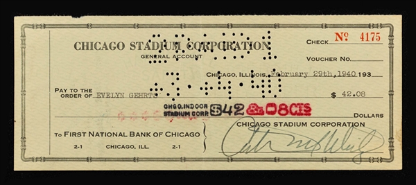 Deceased HOFers James D. Norris and Arthur Wirtz Signed Chicago Stadium Checks Plus Bill Wirtz Signed Index Card - All JSA Certified