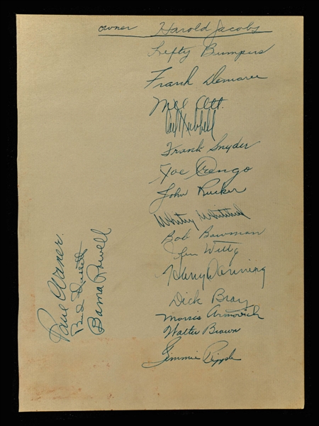 New York Giants & Others 1941 Team-Signed Sheet by 19 with JSA LOA Including Deceased HOFers Mel Ott, Carl Hubbell and Paul Waner