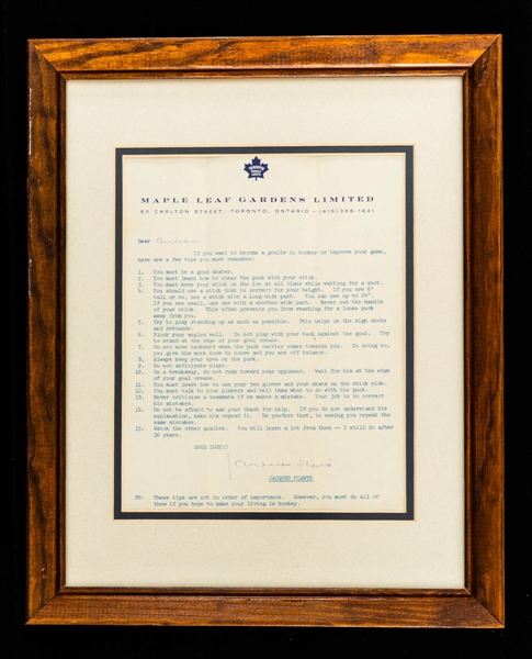 Deceased HOFer Jacques Plante Signed Early-1970s "Goalie Tips" Letter on Maple Leaf Gardens Letterhead with JSA LOA (12 1/2" x 15 1/2")