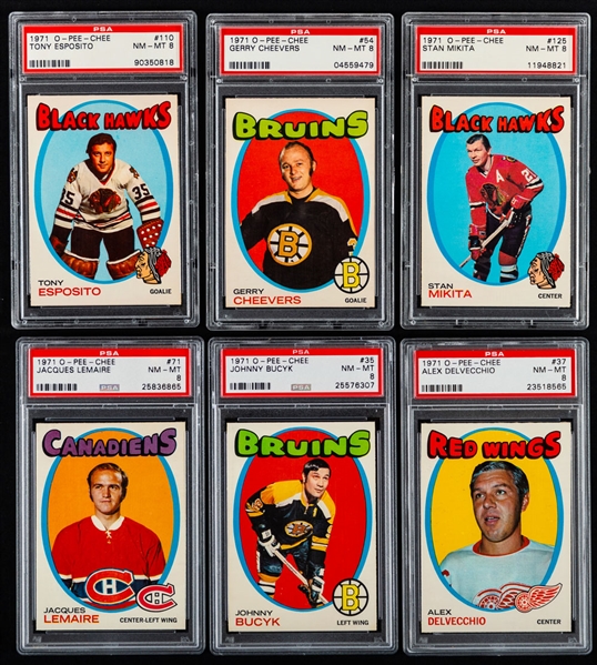 1971-72 O-Pee-Chee Hockey PSA-Graded Card Collection of 18 (All PSA 8 or Better) Including HOFers #35 Bucyk, #37 Delvecchio, #54 Cheevers, #71 Lemaire, #110 T. Esposito and #125 Mikita 