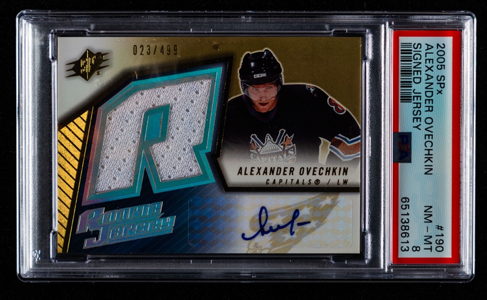 2005-06 Upper Deck SPx Rookie Jersey Autograph Hockey Card #190 Alexander Ovechkin Rookie (023/499) - Graded PSA 8