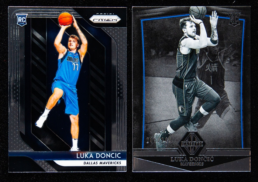 2018-19 Panini Chronicles Majestic Basketball Card #348 Luka Doncic Rookie (205/249) and 2018-19 Panini Prizm Basketball Card #280 Luka Doncic Rookie