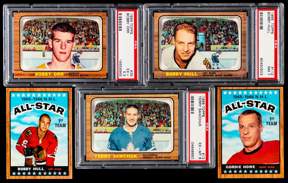 1966-67 Topps Hockey Complete 132-Card Set with PSA-Graded Cards (3) Including #35 HOFer Bobby Orr Rookie (EX+ 5.5) 