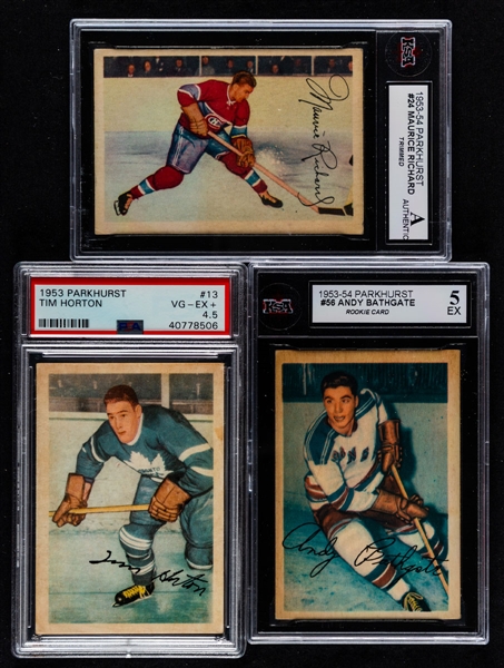 1953-54 Parkhurst Hockey Cards (3) Including #24 HOFer Maurice Richard (Graded KSA Authentic), #56 HOFer Andy Bathgate Rookie (Graded KSA 5) and #13 HOFer Tim Horton (Graded PSA 4.5)