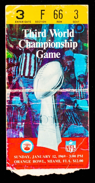 1969 Super Bowl III Ticket Stub (New York Jets vs Baltimore Colts) - Signed by Johnny Carson on Back