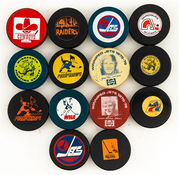 WHA 1972-79 Biltrite, Art Ross, CCM and Viceroy Game Puck and Souvenir Puck Collection of 46