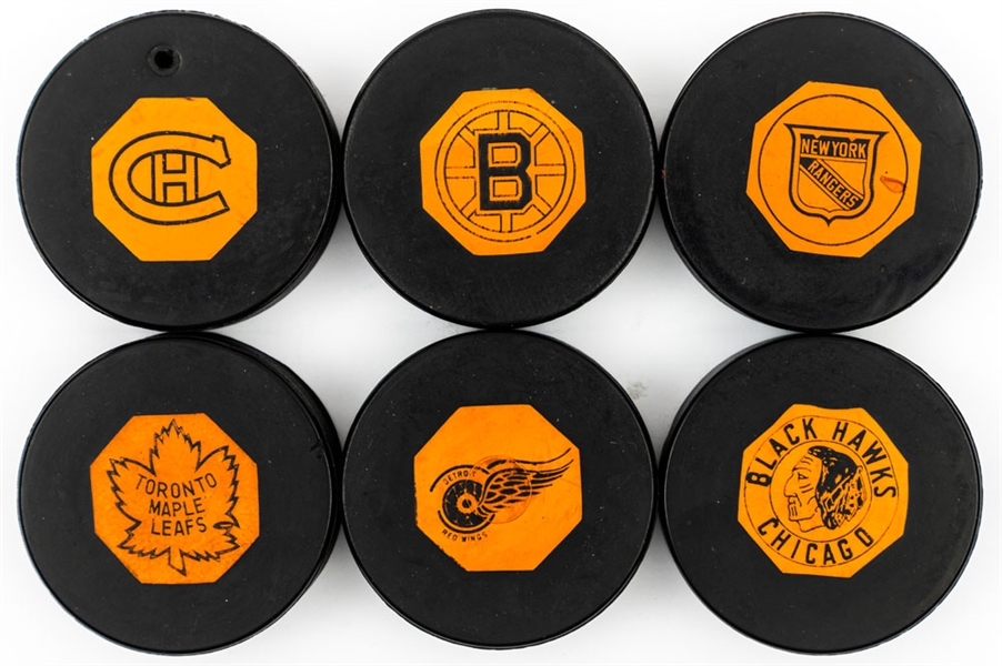 1958-62 "Original Six" Art Ross NHL Game Puck Complete Set of 6 - First Team Logo Pucks!