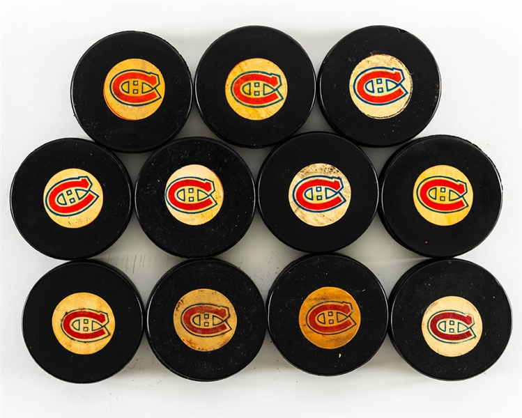 Montreal Canadiens Converse, Viceroy, InGlasCo, Biltrite and Other Brands NHL Game Puck, Warm-up Puck, Practice Puck and Souvenir Puck Collection of 30