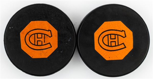 Montreal Canadiens 1964-67 and 1967-68 Converse NHL Game Pucks (2)