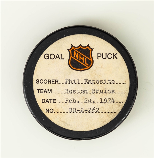 Phil Esposito’s Boston Bruins February 24th 1974 Goal Puck from the NHL Goal Puck Program – 51st Goal of Season / Career Goal #449 of 717
