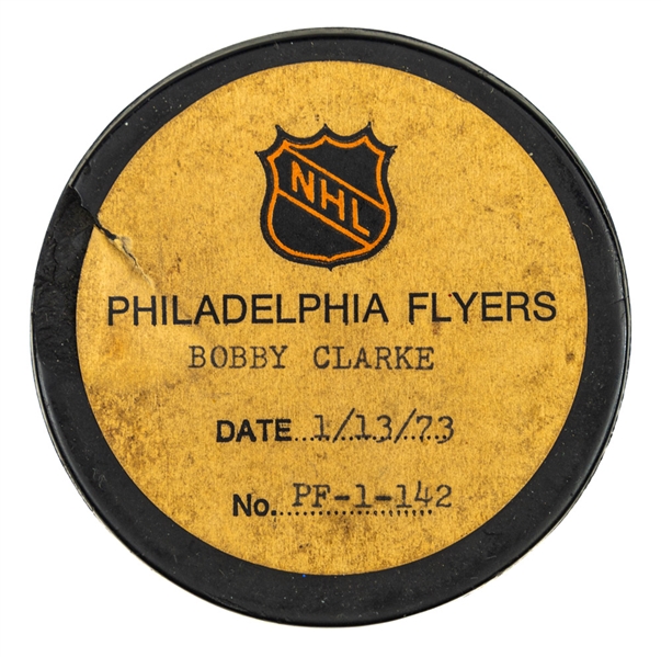Bobby Clarke’s Philadelphia Flyers January 13th 1973 Goal Puck from the NHL Goal Puck Program - Season Goal #20 of 37 / Career Goal #97 of 358