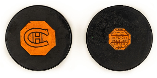 Art Ross Tyer 1942-50 NHL Game Puck and 1967-68 Montreal Canadiens Converse NHL Game Puck