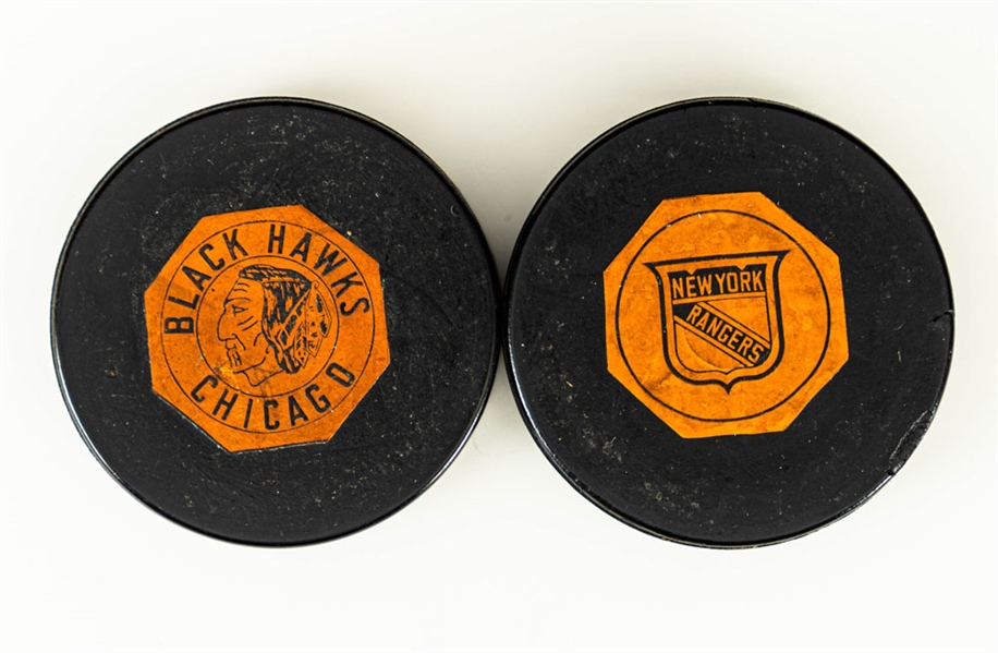 Chicago Black Hawks and New York Rangers 1962-64 "Original Six" Art Ross NHL Game Pucks (2)