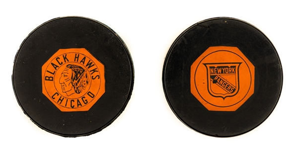 New York Rangers 1962-64 Art Ross and Chicago Black Hawks 1964-67 Converse “Original Six” NHL Game Pucks (2) 