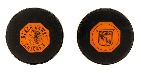New York Rangers 1962-64 Art Ross and Chicago Black Hawks 1964-67 Converse “Original Six” NHL Game Pucks (2) 