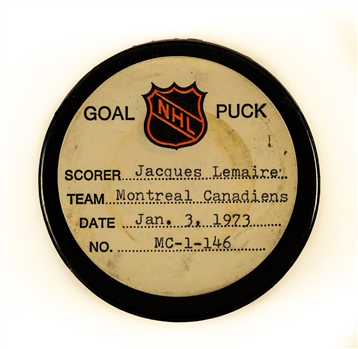 Jacques Lemaire’s Montreal Canadiens January 3rd 1973 Goal Puck from the NHL Goal Puck Program – 30th Goal of Season / Career Goal #173 of 366