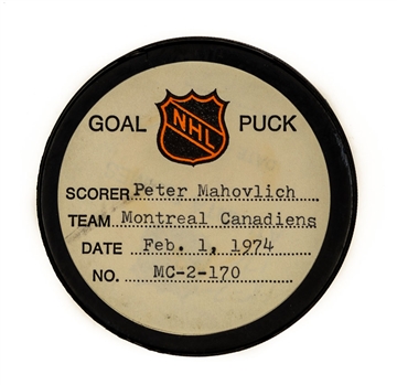 Peter Mahovlichs Montreal Canadiens February 1st 1974 Goal Puck from the NHL Goal Puck Program - 20th Goal of Season / Career Goal #129 of 288