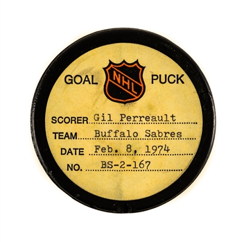 Gilbert Perreault’s Buffalo Sabres February 8th 1974 Goal Puck from the NHL Goal Puck Program – 11th Goal of Season / Career Goal #103 of 512
