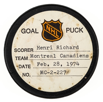 Henri Richard’s Montreal Canadiens February 28th 1974 Goal Puck from the NHL Goal Puck Program with Certificate - Season Goal #13 of 19 / Career Goal #349 of 358