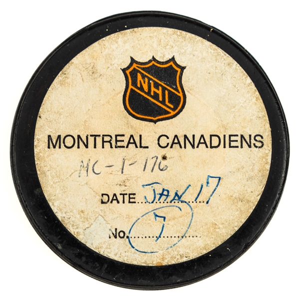 Rejean Houle’s Montreal Canadiens January 17th 1973 Goal Puck from the NHL Goal Puck Program with Certificate - Season Goal #7 of 13 / Career Goal #28 of 161 - Second Goal of Hat Trick