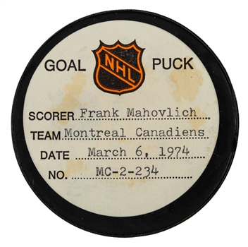 Frank Mahovlich’s Montreal Canadiens March 6th 1974 Goal Puck from the NHL Goal Puck Program - Season Goal #21 of 31 / Career Goal #523 of 533