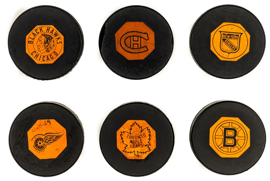 1958-62 “Original Six” Art Ross NHL Game Puck Complete Set of 6 - First Team Logo Pucks!
