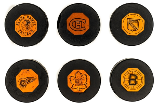 1958-62 “Original Six” Art Ross NHL Game Puck Complete Set of 6 - First Team Logo Pucks!